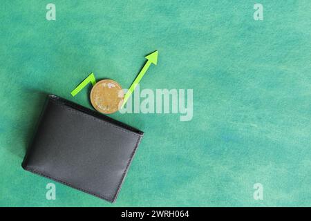 Human hand holding black a wallet with bitcoin and upward green arrow coin inside. Cryptocurrency bull run and valuation increase concept. Stock Photo