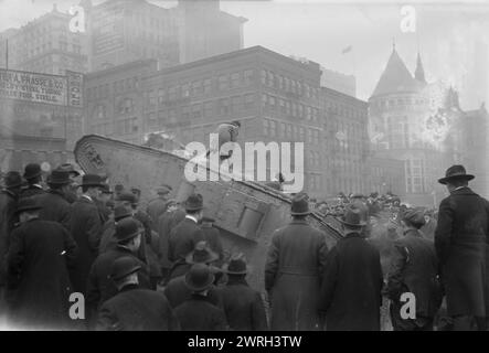 Tank in New York Court House excavation, 1 Mar 1918 (date created or published later). The British tank Britannia which served on the Flanders front in World War I. In 1918 the Britannia visited New York City and appeared at the construction site of the courthouse behind the Municipal Building. Stock Photo