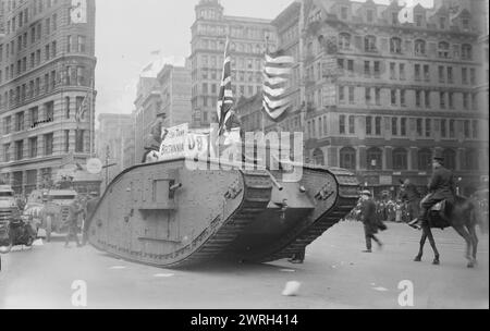 British tank on 5th Ave., 25 Oct 1917. The British Mark IV Tank &quot;Britannia&quot; which was brought to New York City where it was renamed the Liberty and put on exhibit to help sell war bonds. It is depicted taking part in the Liberty Loan Parade in New York City on October 25, 1917 during World War I. The Liberty is currently is located at the U.S. Army Ordnance Museum at Aberdeen Proving Ground, Maryland. Stock Photo