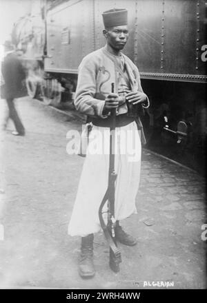 Algerian, 5 Oct 1914 (date created or published later). A tirailleur, an infantry man in uniform from an army from French Equatorial Africa, possibly Senegal, preparing to assist France during World War I. Stock Photo