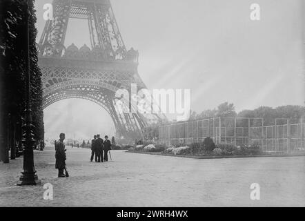 Guard at Eiffel Tower, Wireless Station, between c1914 and c1915. A guard at the Eiffel Tower, in Paris, France during World War I. Stock Photo