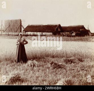 At harvest. Near the village of Byche, 1912. Woman holding scythe posed in front of hay rack (hay stack) and thatched-roof buildings. In album: Views of the Napoleonic campaign area, Russian Empire. Stock Photo