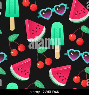 Vibrant summer cute seamless pattern with watermelon, sunglasses and icecream. Vector illustration Stock Vector