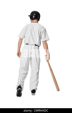 Baseball player with bat on white background, back view Stock Photo