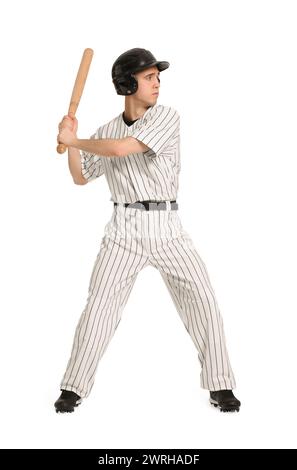 Baseball player taking swing with bat on white background Stock Photo