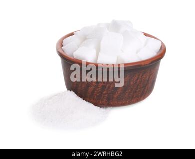 Different types of sugar and bowl isolated on white Stock Photo