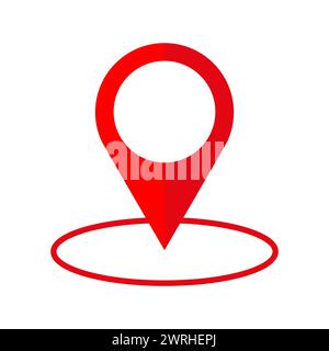 Bold red location pin icon centered over a shadow, isolated on white. Vector illustration. EPS 10. Stock Vector