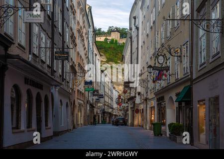 This is a morning view of the Getreidegasse shopping street, a famous street in the old town area on September 06, 2022 in Salzburg Stock Photo