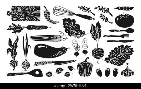 Vegetables and kitchen utensils cartoon engraving set. Vegetable carrot, cucumber, lettuce pepper or onion garlic etc. Hand drawn healthy diet farm product. Silhouette vegetarian childish menu vector Stock Vector