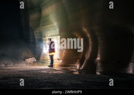 Ice walls lit up by lamps in the Werfen Ice Cave, the worlds largest ice cave in Austria Stock Photo