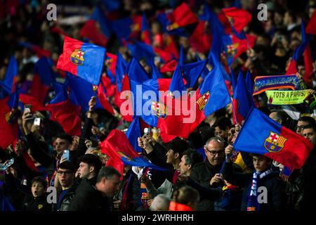 Barcelona, Spain. 12th Mar, 2024. Fans of Barcelona are seen during the UEFA Champions League round of 16 second leg match between FC Barcelona and Napoli in Barcelona, Spain, March 12, 2024. Credit: Joan Gosa/Xinhua/Alamy Live News Stock Photo