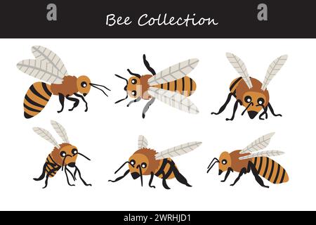 bee vector illustration set. Cute bee isolated on white background. Stock Vector