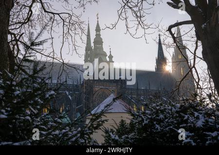 This is a winter view of Prague Castle through the snowy trees, a popular travel destination on December 13, 2022 in Prague, Czech Republic Stock Photo