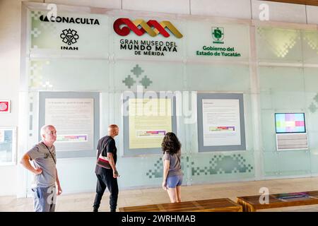 Merida Mexico,Zona Industrial,Calle 60,Mayan World Museum of Merida Gran Museo del Mundo Maya,inside interior,three 3 languages welcome,Maya Spanish E Stock Photo