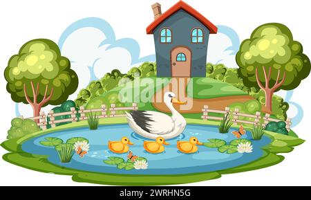 Mother duck with ducklings swimming in a pond Stock Vector