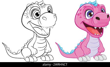 Black and white and colored cartoon dinosaur illustrations Stock Vector