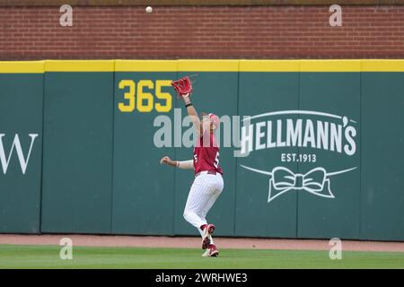 March 12, 2024: Razorback left fielder Kendall Diggs #5 settles under a fly ball hit towards him. Arkansas defeated Orals Roberts 4-2 in Fayetteville, AR. Richey Miller/CSM Stock Photo