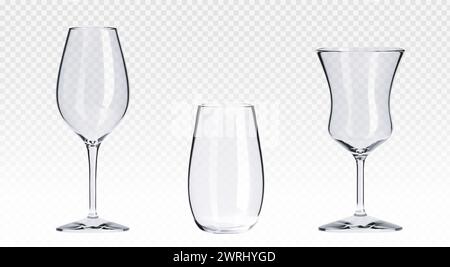 Empty transparent cocktail glass for wine, champagne and long drinks. Realistic vector illustration set of kitchen and restaurant glassware for alcohol beverages. Clean blank bar utensils mockup. Stock Vector