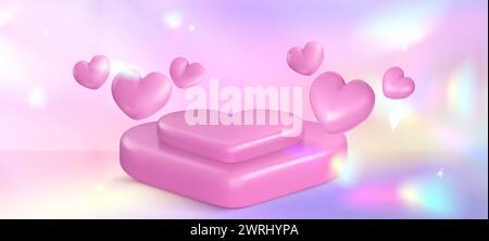 Heart shape podium on pastel gradient background. Vector realistic illustration of love symbol platform, valentine day gift presentation, pedestal mockup for romantic surprise, iridescent backdrop Stock Vector