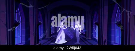 Halloween dark spooky corridor with ghost couple. Horror museum interior cartoon background. Abandoned fantasy gothic scene with mysterious undead monster at night. Old temple room game illustration Stock Vector