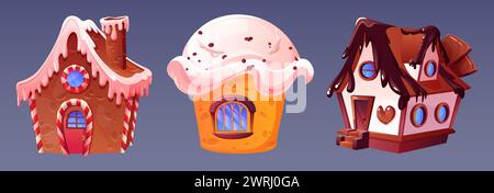 Chocolate candy land house fantasy cartoon game set. Confectionery illustration for gingerbread city with cake and cute candyland dessert object. Isolated magic cupcake building in children fairy tale Stock Vector