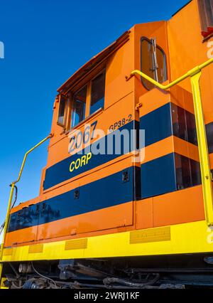 The cab of locomotive 2067 of the Central Oregon and Pacific Railroad at the railyard in Weed, California, USA Stock Photo