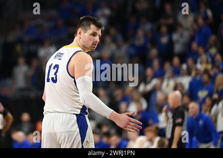 South Dakota State Jackrabbits forward Luke Appel (13) motions to another player during the men's final at the Summit League basketball tournament between the Denver Pioneers and the South Dakota State Jackrabbits at the Denny Sanford Premier Center in Sioux Falls, South Dakota on Tuesday, March 12, 2024. South Dakota State defeated Denver 76-68.Russell Hons/CSM. Stock Photo