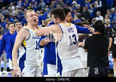 South Dakota State Jackrabbits forward Luke Appel (13) celebrates winning the men's final at the Summit League basketball tournament between the Denver Pioneers and the South Dakota State Jackrabbits at the Denny Sanford Premier Center in Sioux Falls, South Dakota on Tuesday, March 12, 2024. South Dakota State defeated Denver 76-68.Russell Hons/CSM. Stock Photo