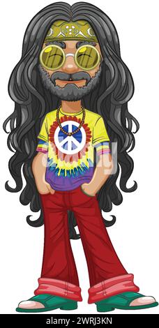 Colorful vector illustration of a hippie with peace symbols. Stock Vector