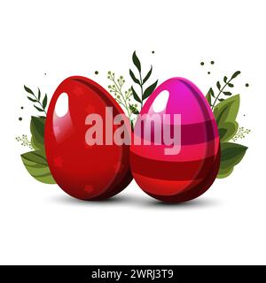 Red pink Easter striped egg and egg with polka dots with green leaves and branches on background. Illustration in flat style. Vector clipart for desig Stock Vector