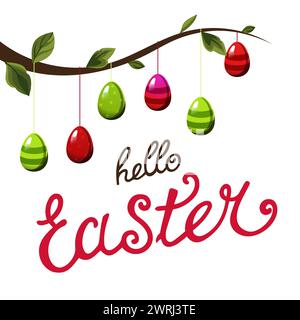 Vector tree branch with red green eggs on white isolated background and text Hello Easter. Flat design element. Minimal illustration for design of gre Stock Vector