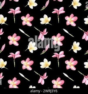 Watercolor frangipani seamless pattern. Hand drawn illustration. Plumeria or Temple tree flower. For textile, wallpaper, cosmetics design. Black backg Stock Photo