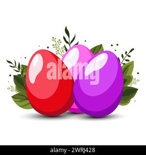 Red violet and pink Easter eggs with green leaves and branches on background. Illustration in flat style. Vector clipart for design of greeting card, Stock Vector