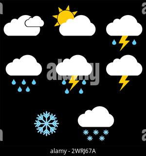Modern weather icons set. Flat vector symbols on white background. Symbols of rain, rainbow, sun, hot and cold temperature, winter snow and cloud. Stock Vector