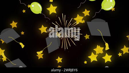 Image of balloons flying and graduation hats over stars on background Stock Photo