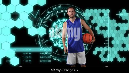 Image of scope scanning and data processing with shapes over caucasian man with basketball Stock Photo