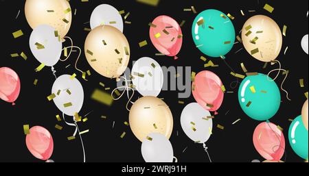 Image of colorful balloons flying and falling confetti over black background Stock Photo