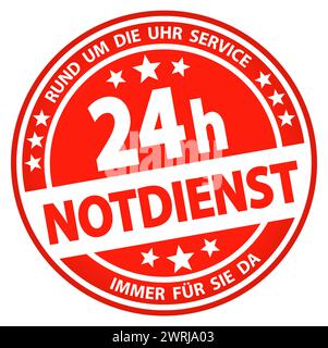 eps vector file. Round button for business and advertising usage, isolated on white background. With text 24 hours emergency service (german) Stock Vector