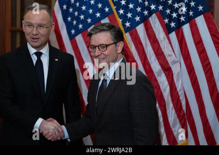 Washington, United States. 12th Mar, 2024. Speaker of the US House of Representatives Mike Johnson (Republican of Louisiana) shakes hands with Polish President Andrzej Duda in the US Capitol in Washington, DC, USA on Tuesday, March 12, 2024. Photo by Annabelle Gordon/CNP/ABACAPRESS.COM Credit: Abaca Press/Alamy Live News Stock Photo