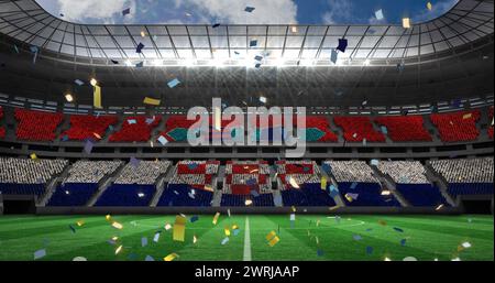 Image of falling golden confetti over football stadium Stock Photo