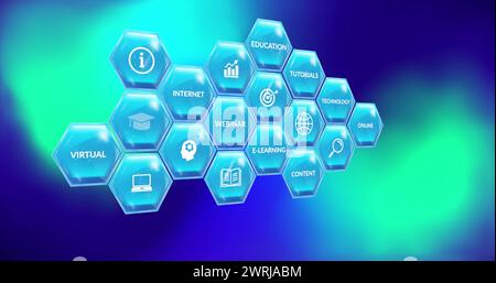 Image of network of business icons over blue and green background Stock Photo
