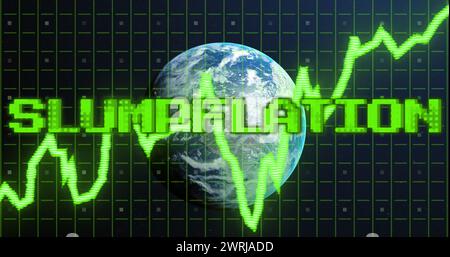 Image of slumpflation text in green over green graph processing data and globe Stock Photo