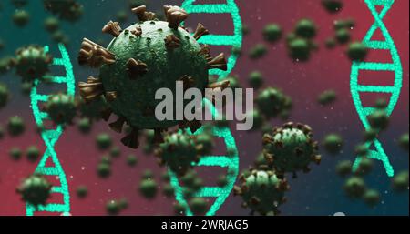 Image of 3D coronavirus Covid 19 cells spreading with rotating DNA strands Stock Photo