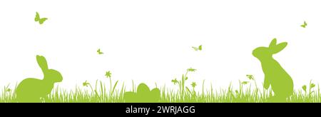 eps vector panorama illustration for easter time, happy fresh background with green silhouette of rabbits with eggs , grass, flowers. Spring time back Stock Vector