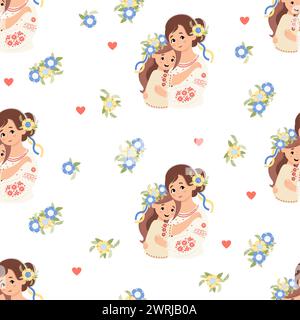 Seamless pattern with happy Ukrainian woman with daughter in traditional clothes embroidered shirt on white background with yellow-blue flowers. Vecto Stock Vector
