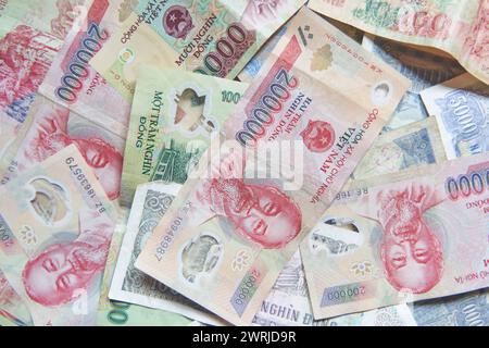 Vietnamese dong banknotes close-up. Money background. Vietnamese currency - dongs.  Stock Photo