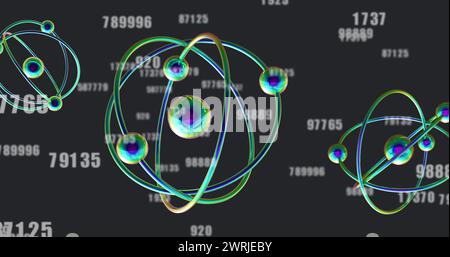 Image of 3d micro of molecules and numbers on black background Stock Photo