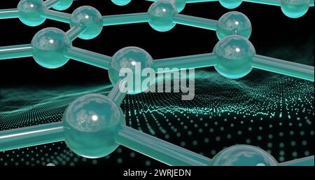 Image of 3d micro of network of molecules on green mesh and black background Stock Photo