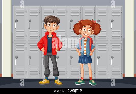 Two cartoon children standing near school lockers Stock Vector
