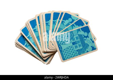 old retro Happy Families playing cards showing reverse side isolated on white background - UK Stock Photo